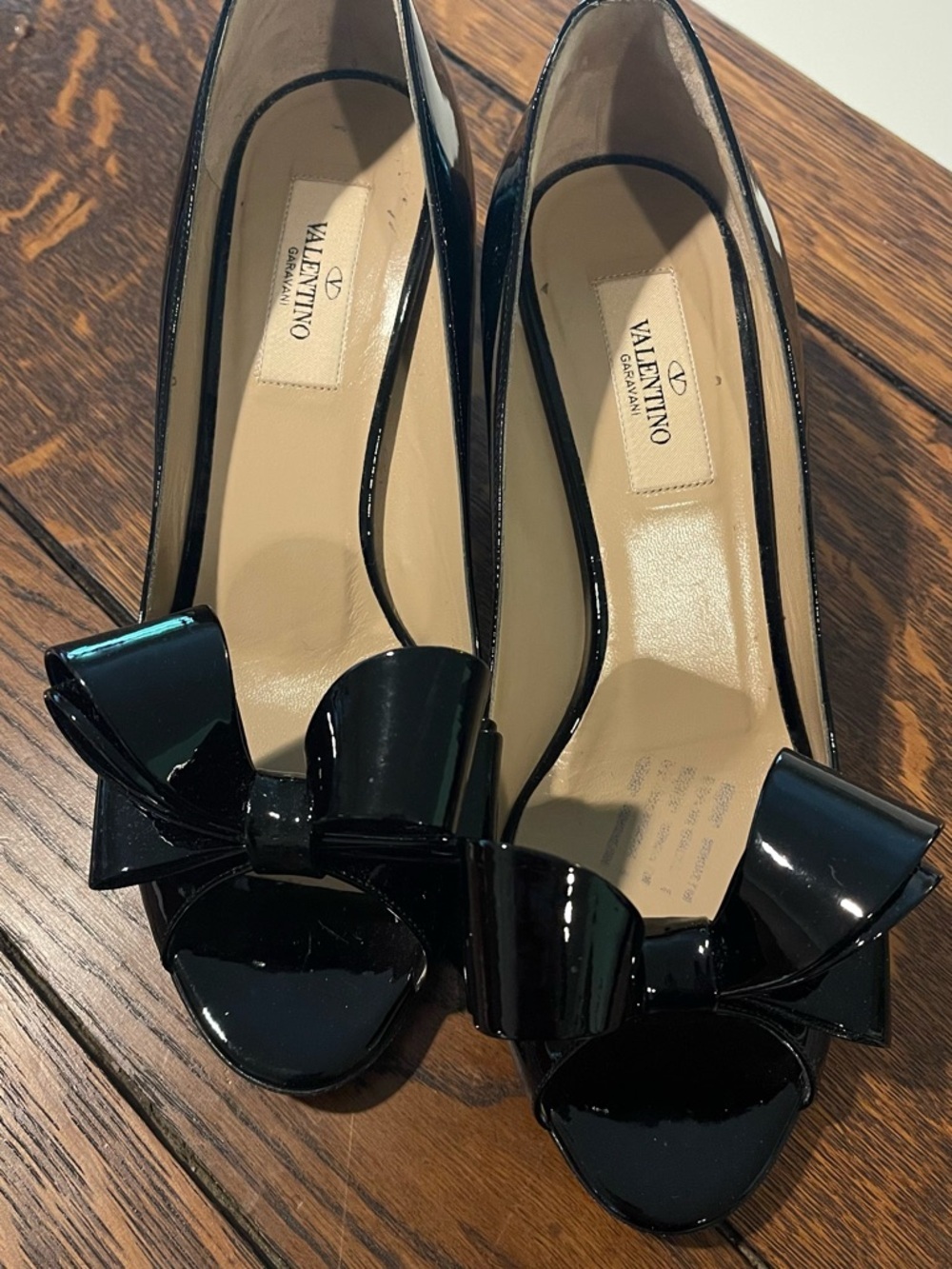 Valentino Black Patent Leather Bow Peep-Toe Heels